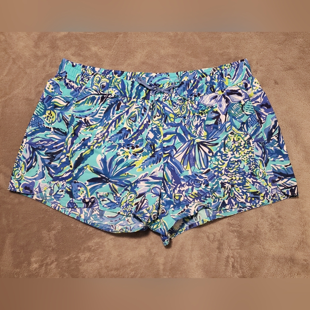 Lilly Pulitzer Drawstring Shorts - Blue & Green Tropical Print (Size L) - Picture 2 of 5